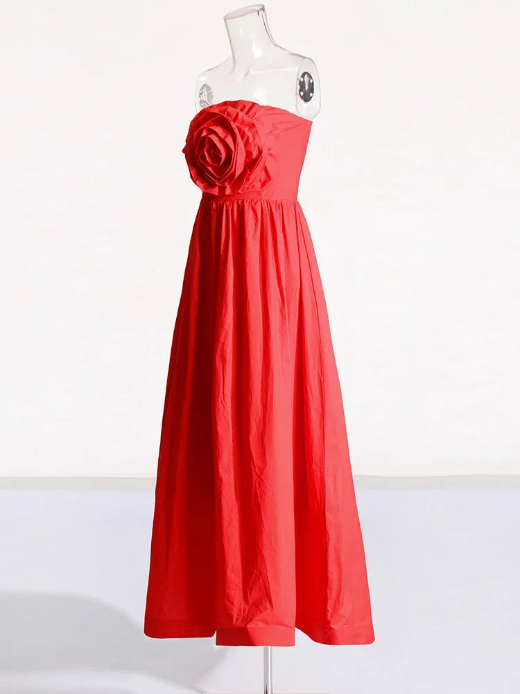 French socialite style strapless dress long skirt with flower patchwork high waist long dress for women