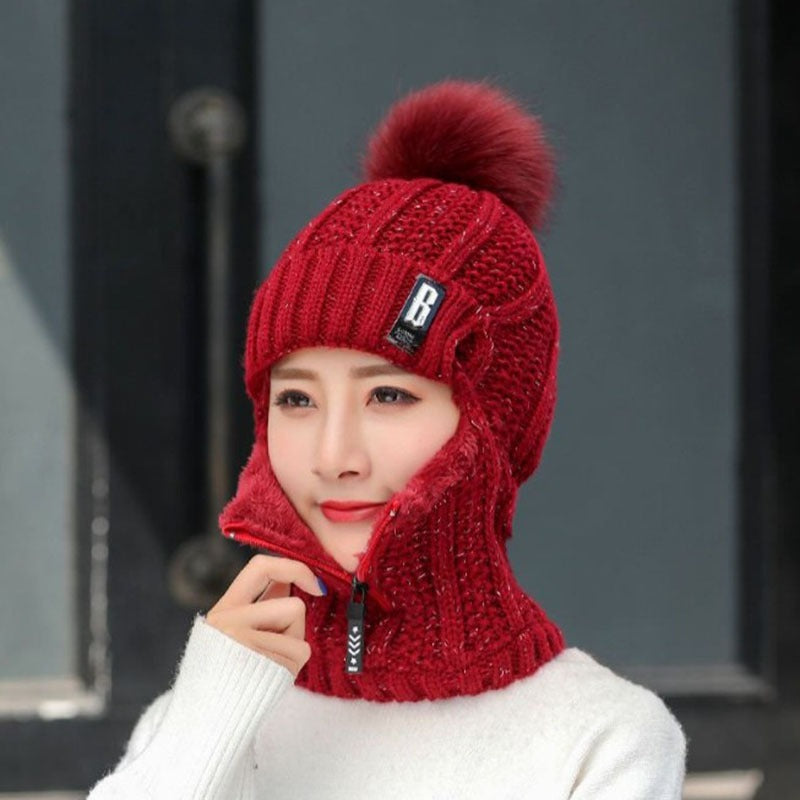 “B-label Shiesty” - knitted, plush, pullover ear protection hat for women with zippered neckband.