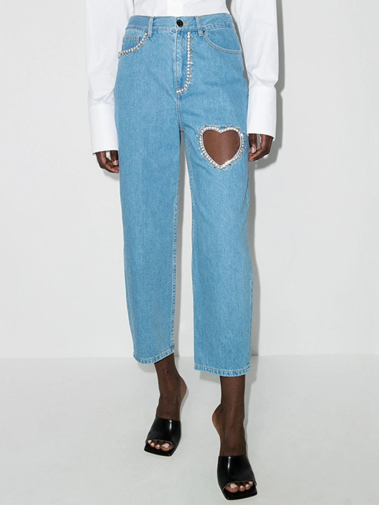 Valentine's Day Hollow Out Heart Shaped Jeans. Style: Straight Leg