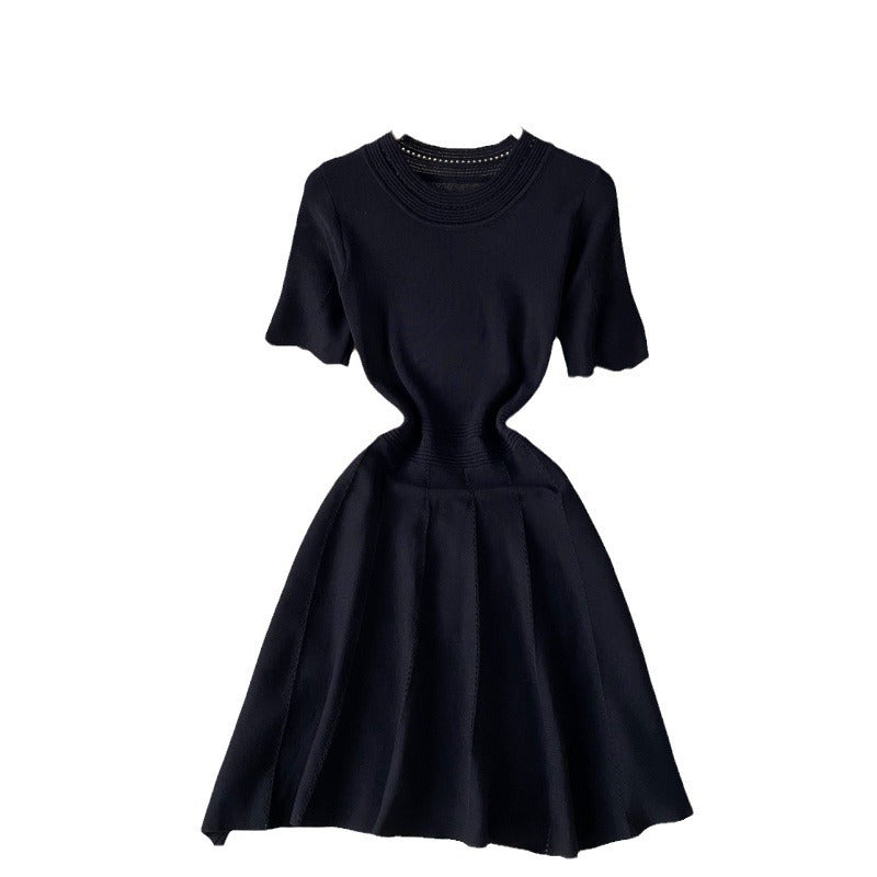 French high-end round neck short sleeved dress for socialite style, with a cinched waist and slimming temperament, retro A-line skirt for women in summer