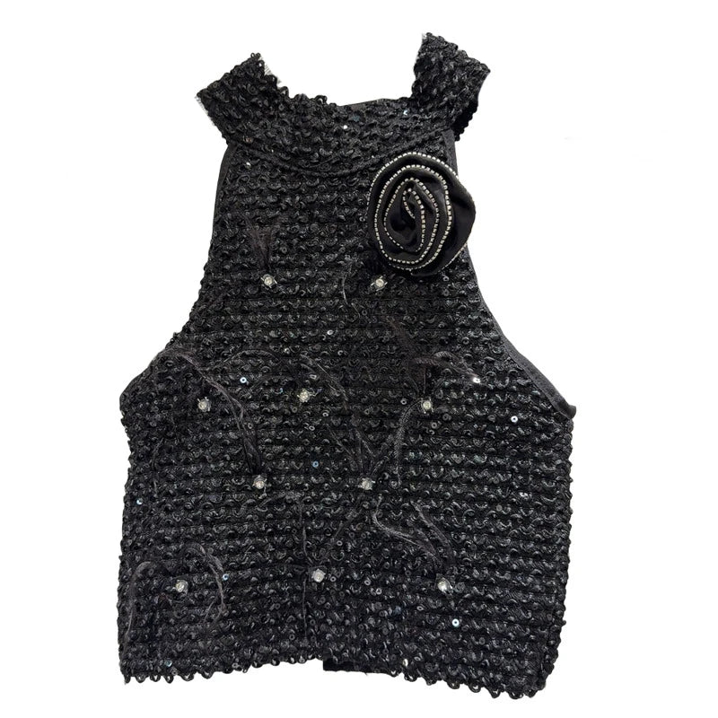 New Fashion Women's Rhinestone Flower Feather Off Shoulder Hanging Neck Vest Back Zipper Design Tops