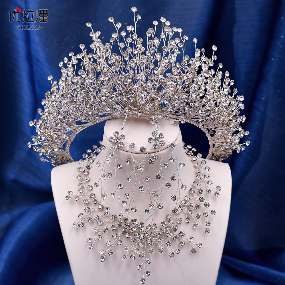 Bridal Headdress New Crown Set Ab Colored Diamond Necklace Earrings Three-Piece Set