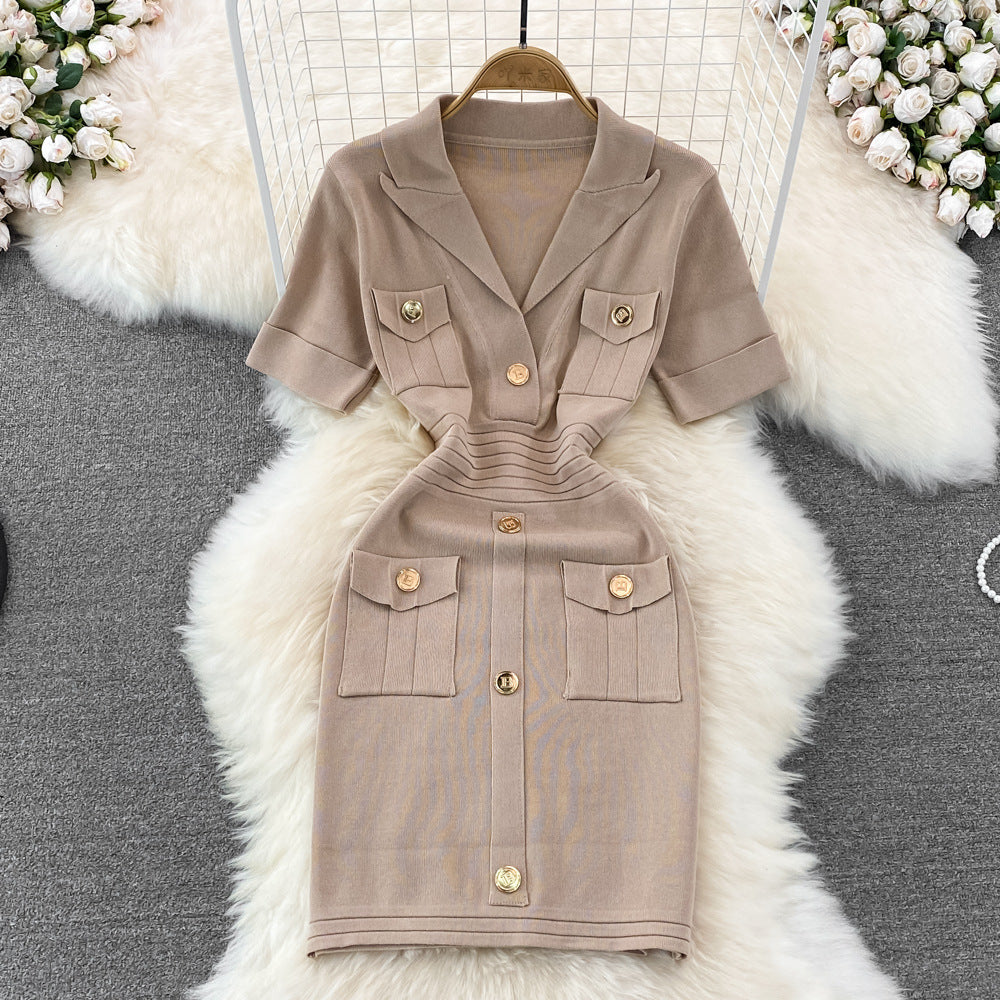 House of Hutson Original- V-Neck Knitted Dress. Sinched waist.