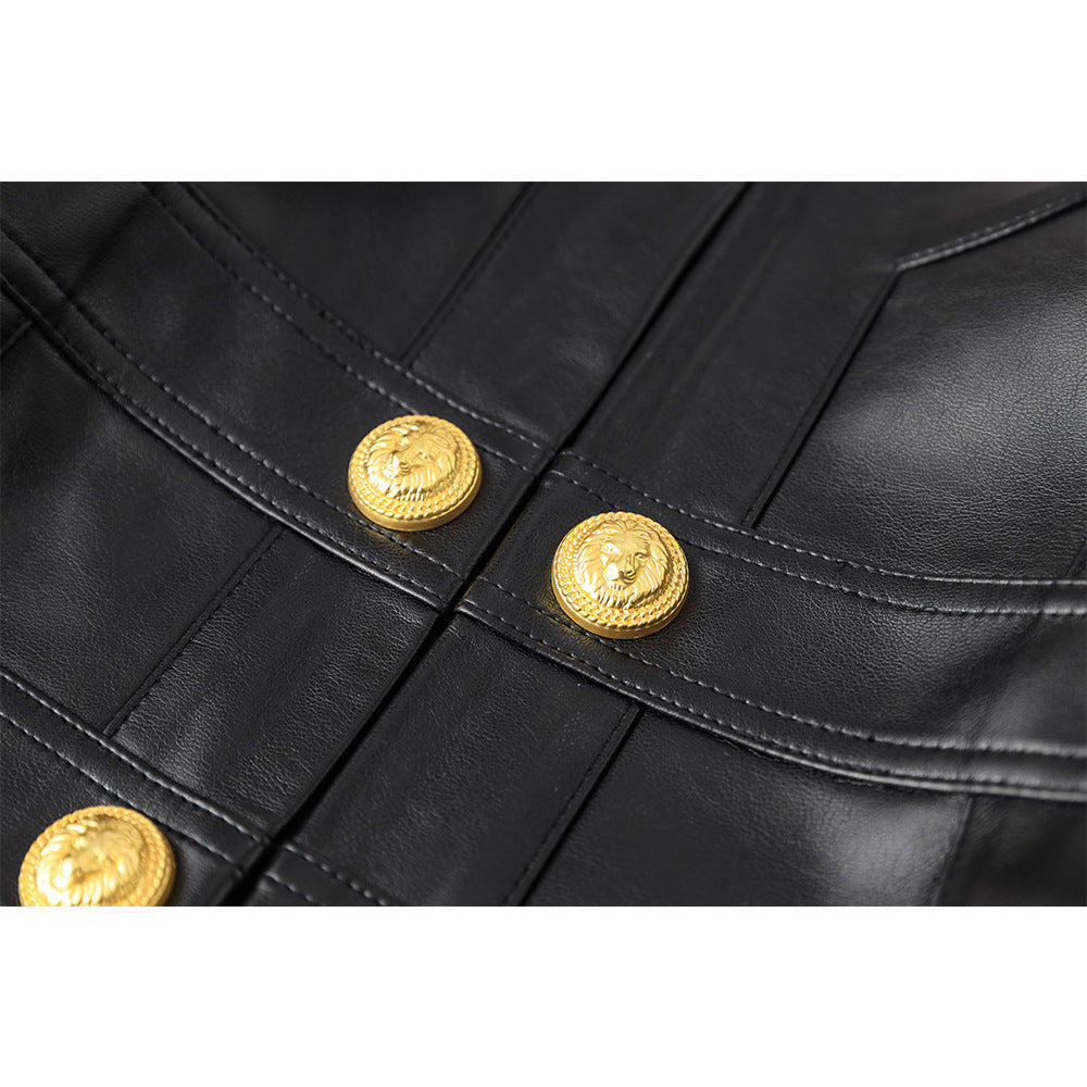 PU leather splicing small round neck shoulder pad cardigan high street style small jacket top temperament small jacket