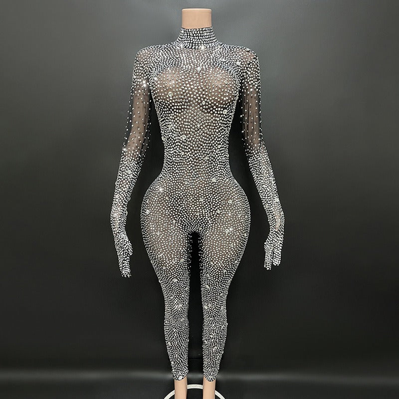 Round neck long sleeved tight jumpsuit with gloves for parties and gatherings