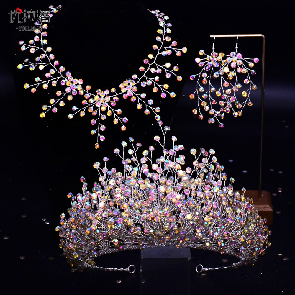 Bridal Headdress New Crown Set Ab Colored Diamond Necklace Earrings Three-Piece Set