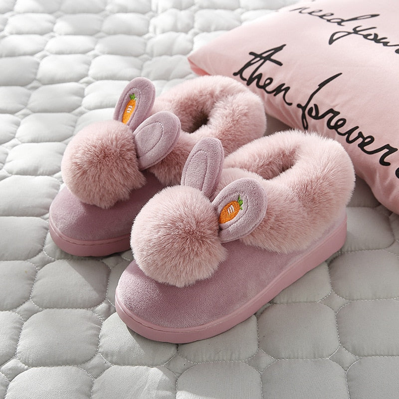 Winter Cotton Slippers Indoor Thick Bottom Autumn Winter Warm Shoes Cute Lovely Rabbit Ear Plus Plush Slippers Shoes Women