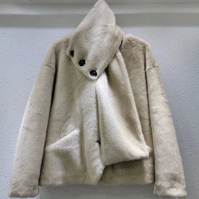 Winter New Fashion Scarf Mink Fur Warm Jacket For Women Loose Solid Color Single-breasted Short Coat Female