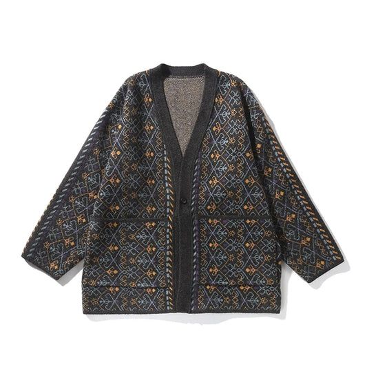 Men Vintage Jacquard Knit Taoist Robe Sweater Cardigan Sweatercoat Japanese Streetwear Loose Causal Knitted Sweater Jacket Men