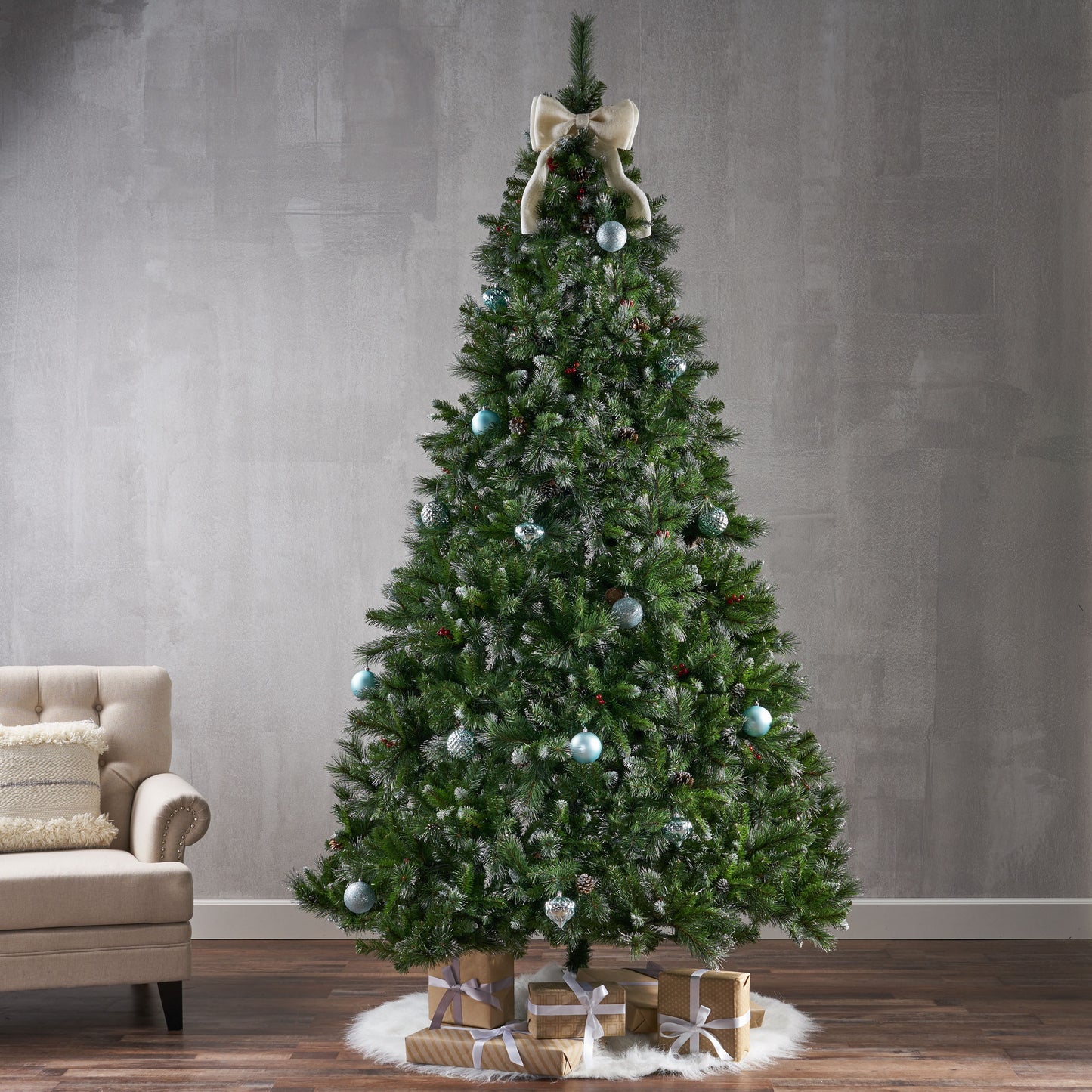 Christmas Tree - 9' Glitter Bristle Mixed Hinged Tree with 72 Red Berry and 73 Pine Cones and 2099 tips,Dia:66