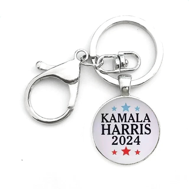 Kamala Harris Keychain With Clasp Classic Round Glass Pendant Key Holder Keyring For Men Women