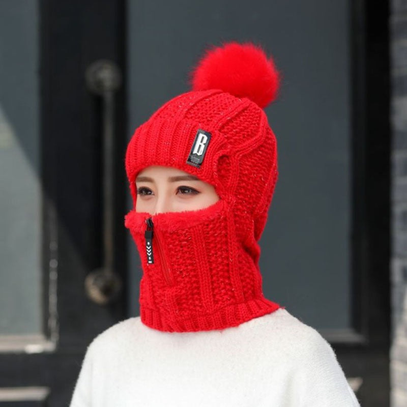 “B-label Shiesty” - knitted, plush, pullover ear protection hat for women with zippered neckband.