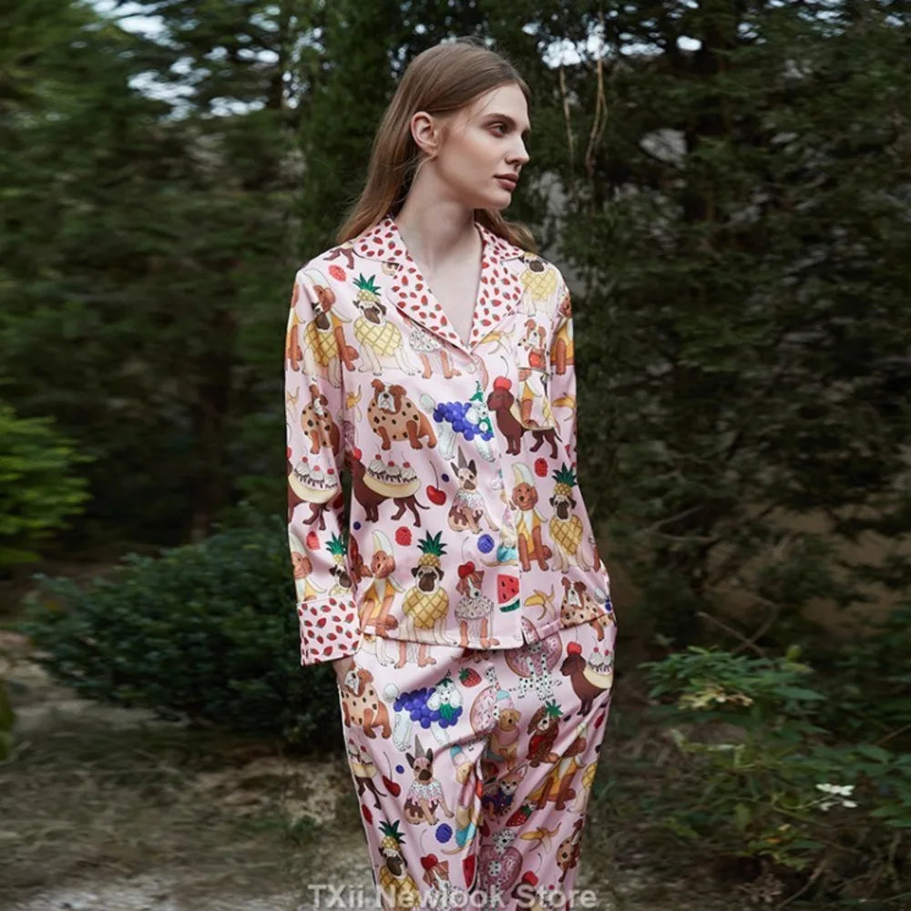 Ice Silk Pajamas Women's High-end Lapel Spring and Summer Long Sleeve Home Suit