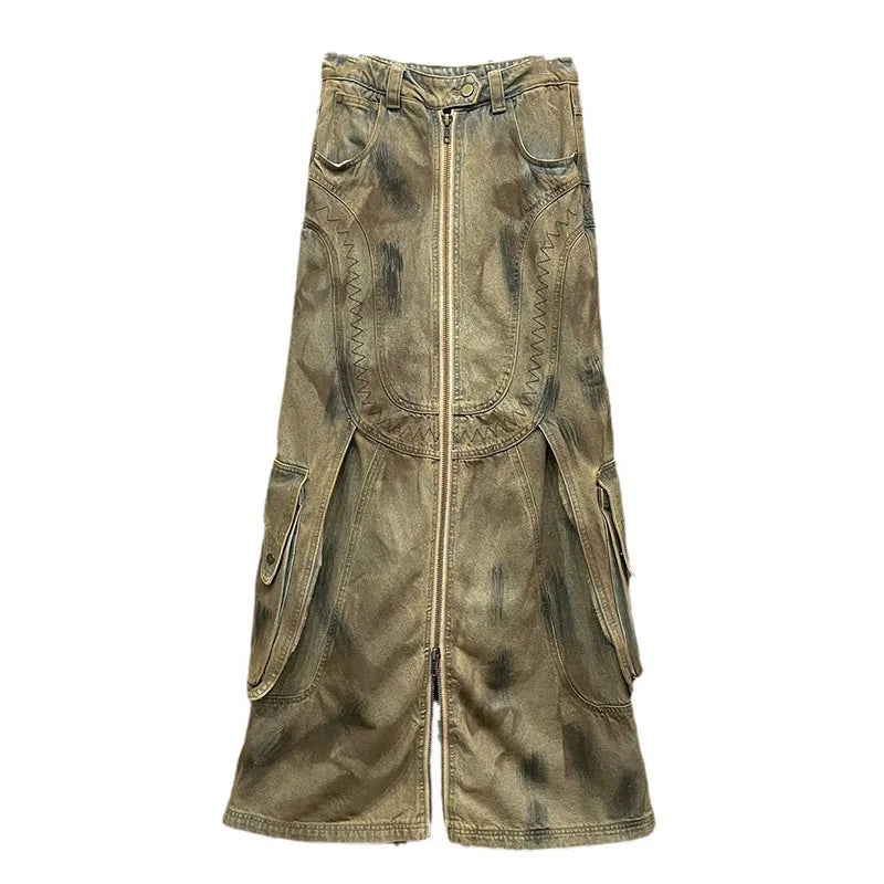 Retro Personality Women's Do Old Zipper Design Skirts Autumn New Fashion High Waist Straight Wide Leg Jeans