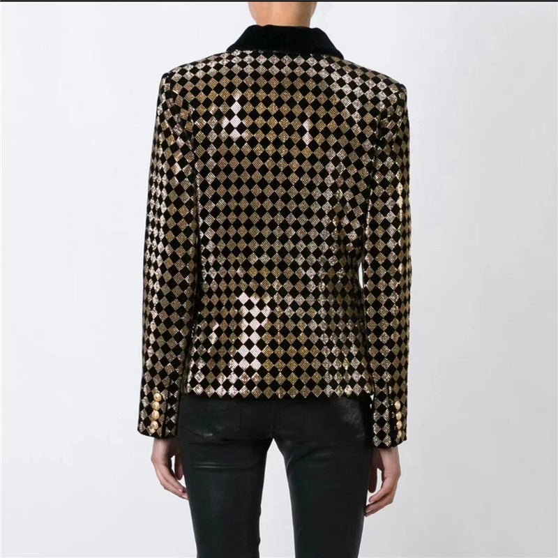 Autumn New Women's Poplin Lapel Blazer Big Brand High Quality Fashion Retro Slim Fit Hit Color Heavy Work Diamond Plaid Top