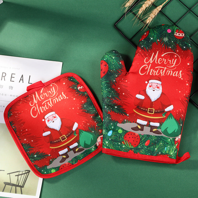 Christmas Baking Insulated Gloves Christmas Oven Microwave Glove Mat Set