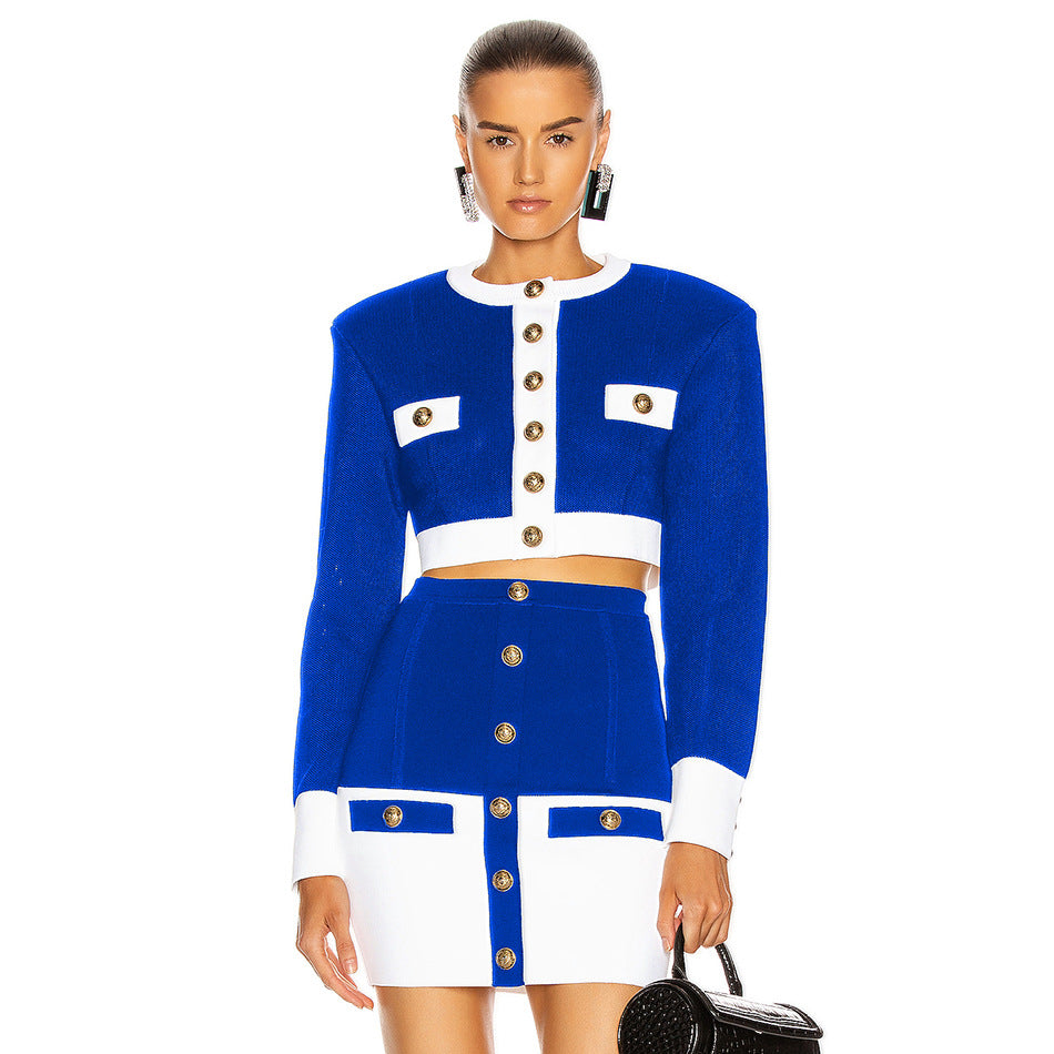 New style socialite temperament metal buckle black and white color matching short knitted cardigan+hip wrap bandage skirt two-piece set