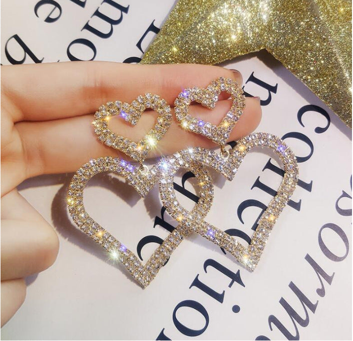 S925 Silver Needle Stud Fashion Exaggerated Diamond Double Heart Earrings Temperament Versatile Long Peach Heart Earrings Women