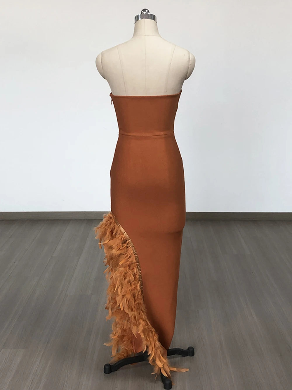 Strapless V-neck off shoulder backless feather split socialite bandage dress for women