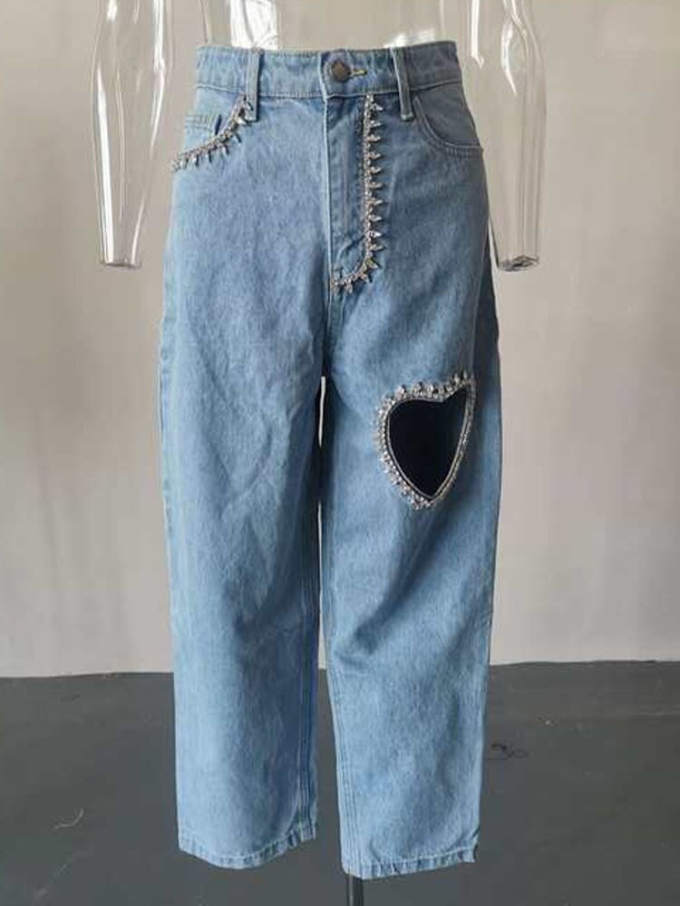 Valentine's Day Hollow Out Heart Shaped Jeans. Style: Straight Leg