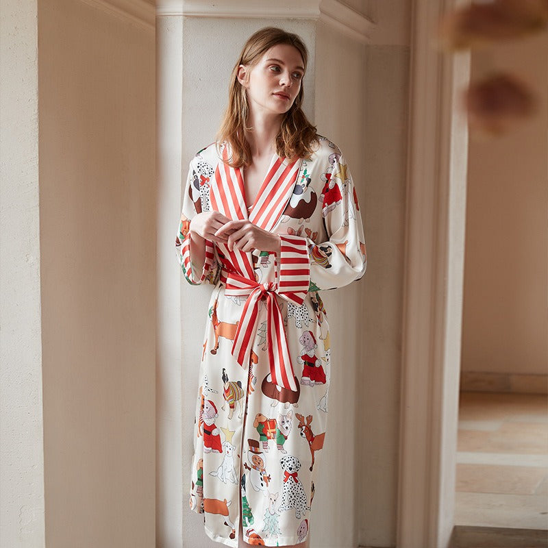 Contrast color ice silk nightgown new autumn large size loose home clothes