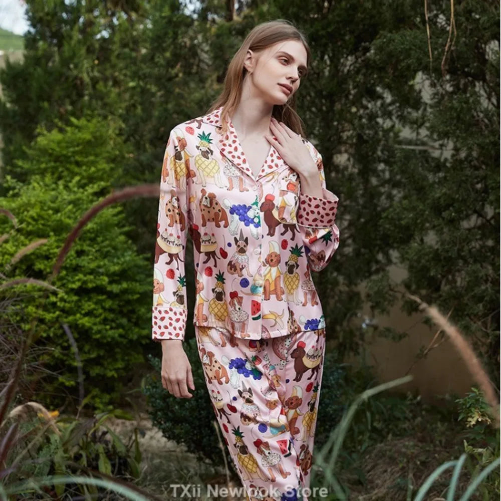 Ice Silk Pajamas Women's High-end Lapel Spring and Summer Long Sleeve Home Suit