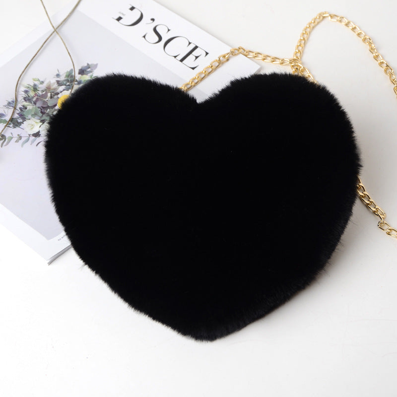 Fashion love heart bag peach heart bag women's chain messenger bag plush shoulder furry bag coin purse