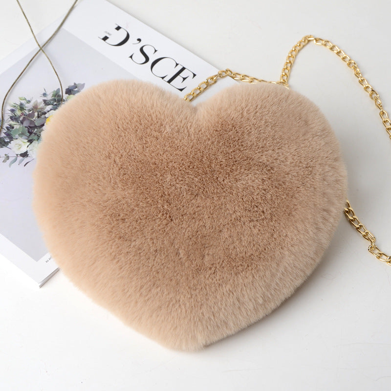 Fashion love heart bag peach heart bag women's chain messenger bag plush shoulder furry bag coin purse