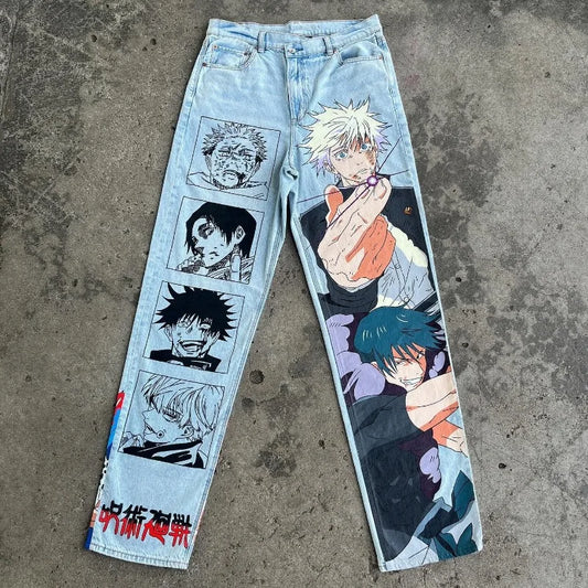 Harajuku Anime print pattern jeans. Men.