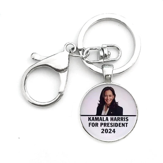 Kamala Harris Keychain With Clasp Classic Round Glass Pendant Key Holder Keyring For Men Women