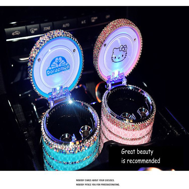 Portable Car ashtray with Light Hello Kitty KT Accessories for Girls Led Car Ash Tray Ashtray Storage Cup Holder Crystal Diamond