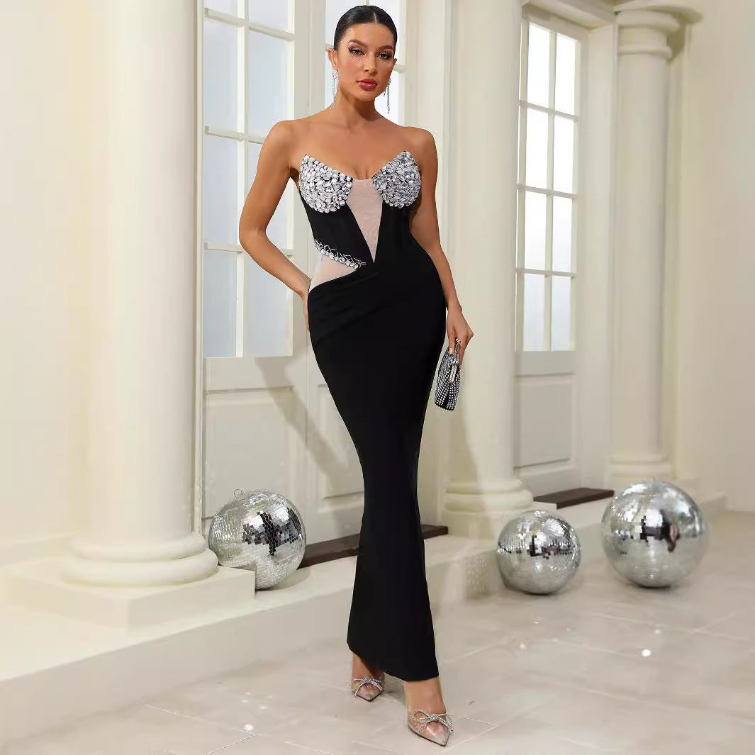 Fashionable sexy V-neck diamond chest cup mesh backless bandage dress high elastic evening dress