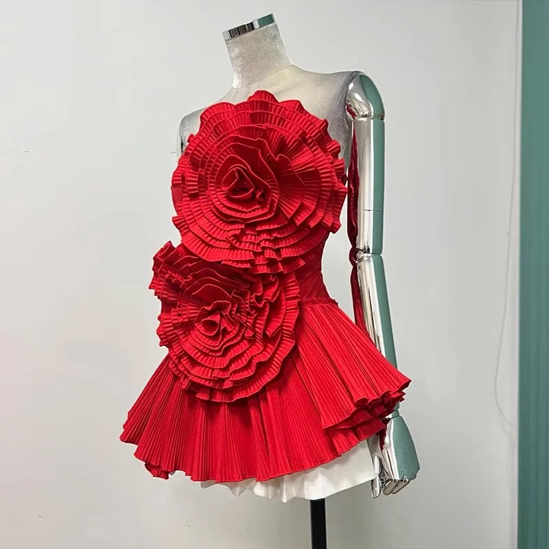 Summer 3D Flowers Irregular Hem Pleated Ruffles Shirt Women Sexy Slash Neck Sleeveless Strapless White Party Blouses Tube Tops