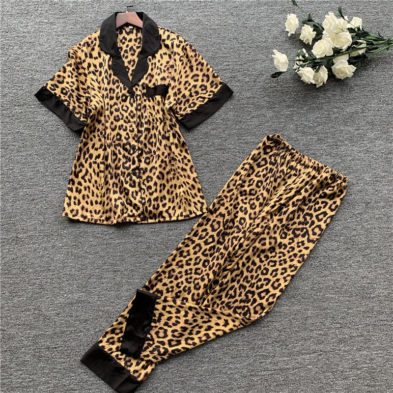 Lisacmvpnel Spring New Long Sleeve Pajamas Woman Ice Silk Fashion Leopard Print Sexy Pajama Set