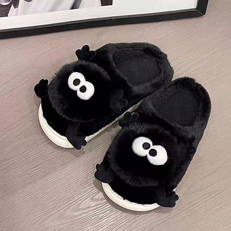 Cute fur slippers for women in winter, coal ball fur slippers for home use, men's plush warm cotton slippers for autumn and wint