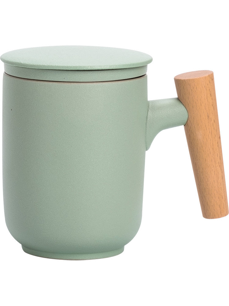 Ceramic Scrub Home Office Wooden Handle Stoneware Personal Mug with Lid Filter Tea Water Separation Tea Cup