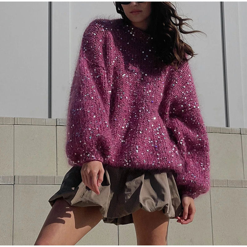 Fashionable sequined sweater, loose round neck lantern sleeve head, knitted sweater