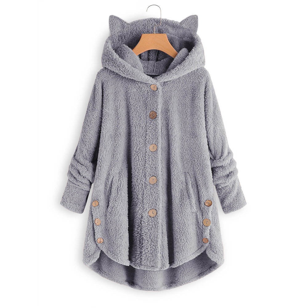 Autumn And Winter Button Hooded Cat Ear Plush Coat Irregular Fashion Brand Solid Color Coat Women