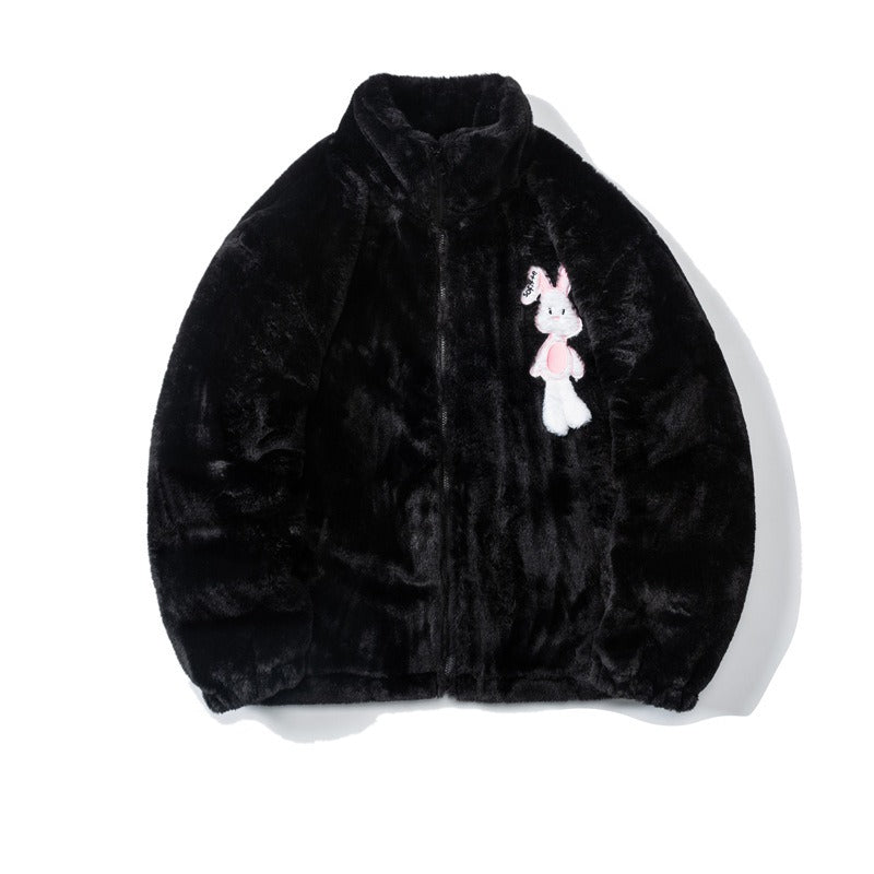 White rabbit-embroidered, velvet and cotton blend coat