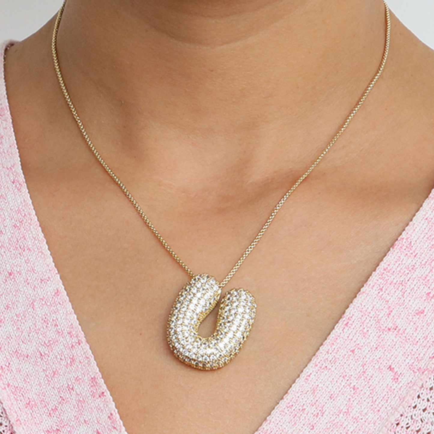 Brass Zircon Balloon Bubble Fat 26 English Letter Necklace