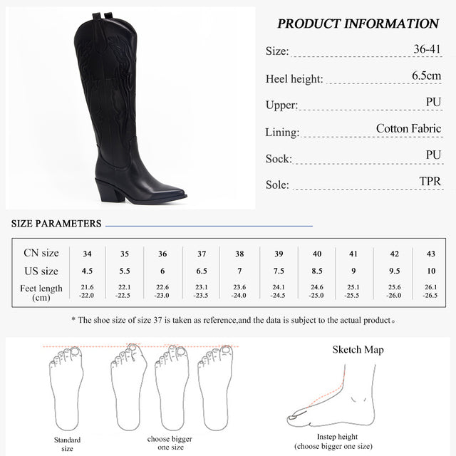 Women 's Embroidered Western CowBoy Shoes Knee High Boots PU Chunky Heel Platform Boots Pointed Toe Punk Style