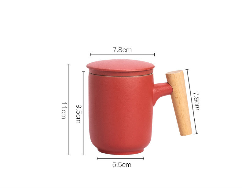 Ceramic Scrub Home Office Wooden Handle Stoneware Personal Mug with Lid Filter Tea Water Separation Tea Cup