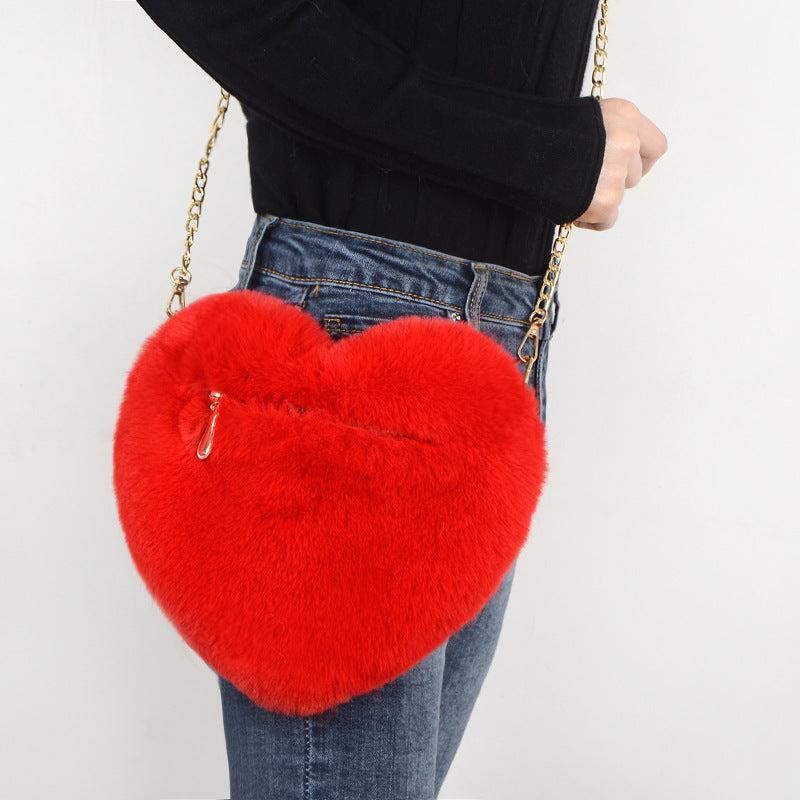 Fashion love heart bag peach heart bag women's chain messenger bag plush shoulder furry bag coin purse