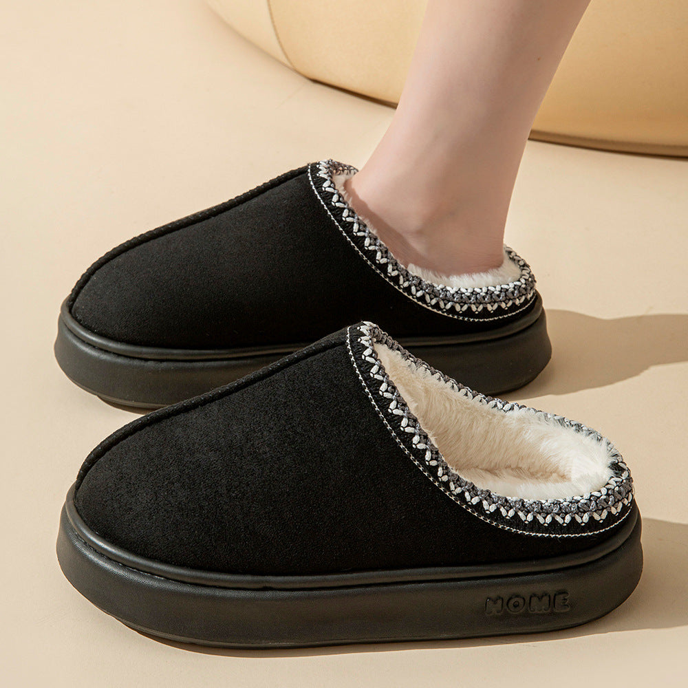 New solid color imitation suede stitching home slippers thick bottom non-slip lightweight warm cotton slippers for women