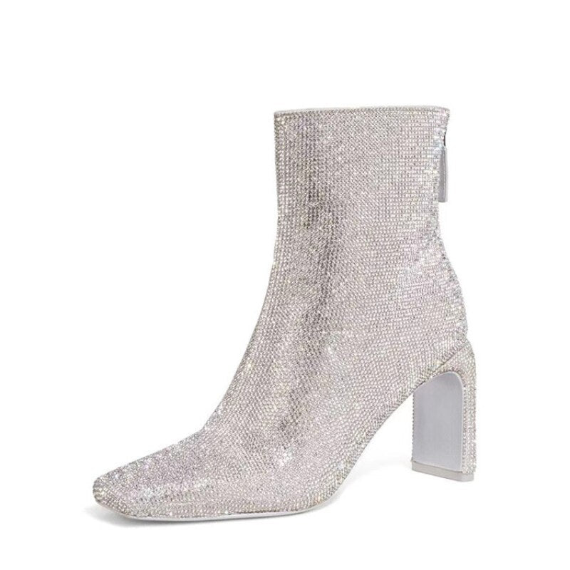 Rhinestone High Heel Zippered Short Boots in 2 colors