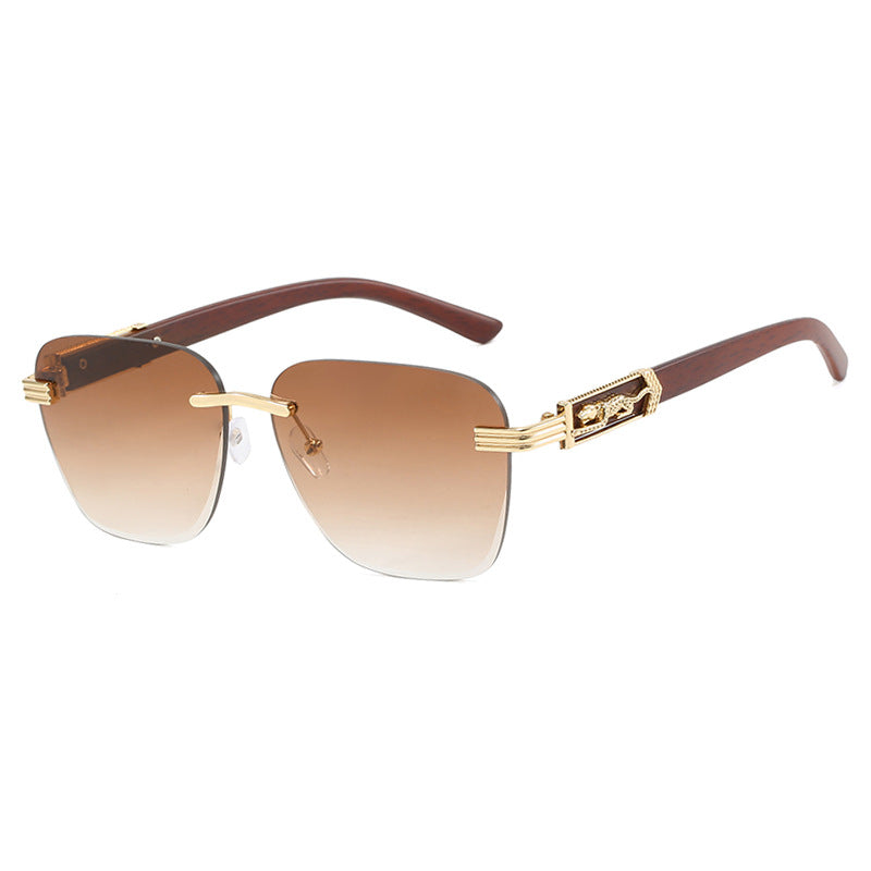 Wooden Leg Leopard Decorative Sunglasses New Retro Sunglasses Frameless Polygonal Leopard Head Sunglasses