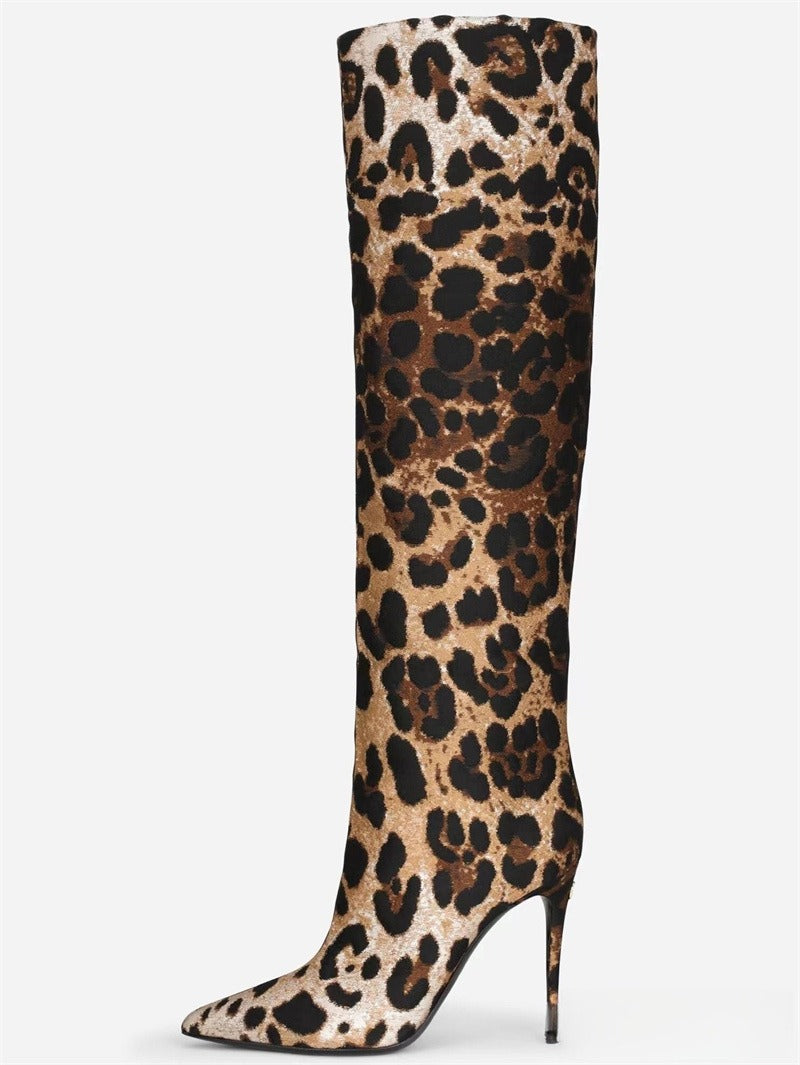 Pointed thin heel leopard print long boots for women's fashionable