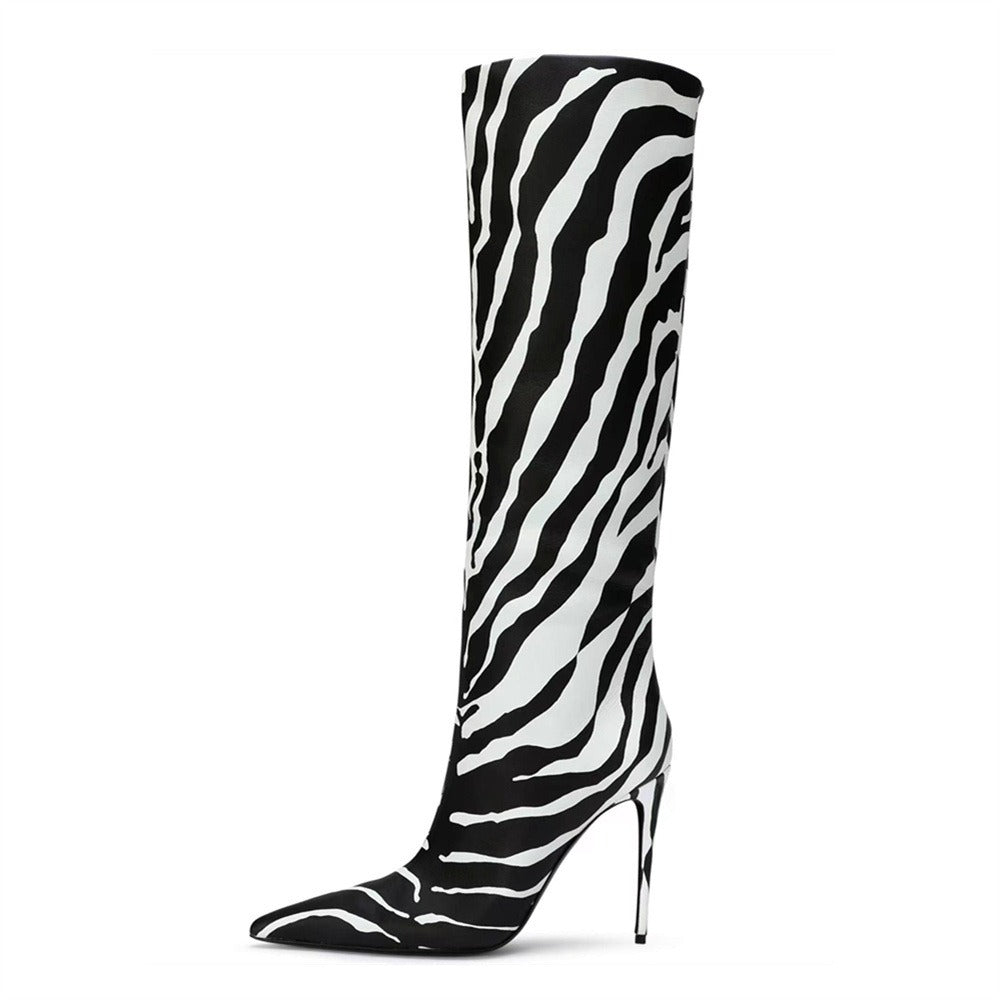 Pointed thin heel leopard print long boots for women's fashionable