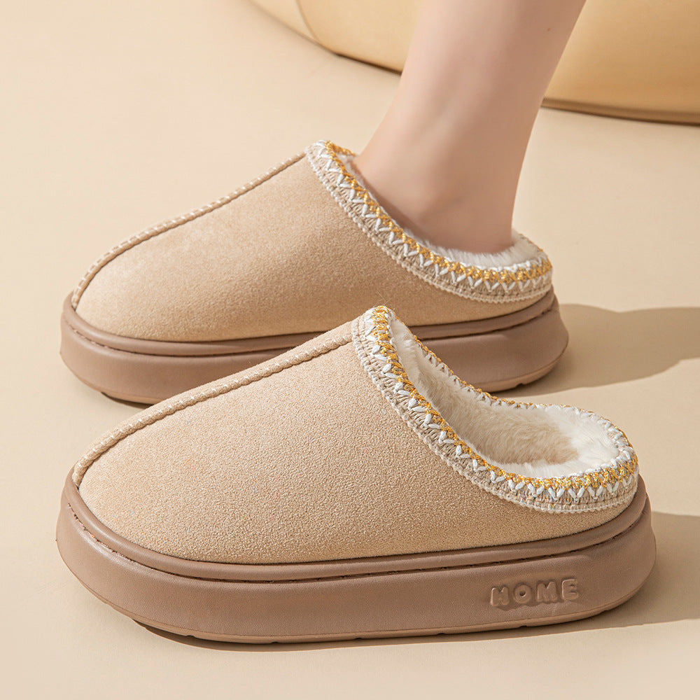 New solid color imitation suede stitching home slippers thick bottom non-slip lightweight warm cotton slippers for women