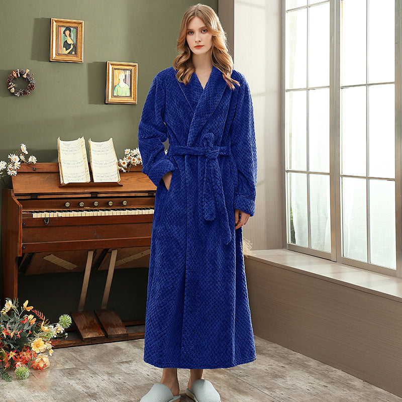 Autumn and winter extended thick couple bathrobe flannel waist cinched nightgown women's long sleepwear men's home clothes